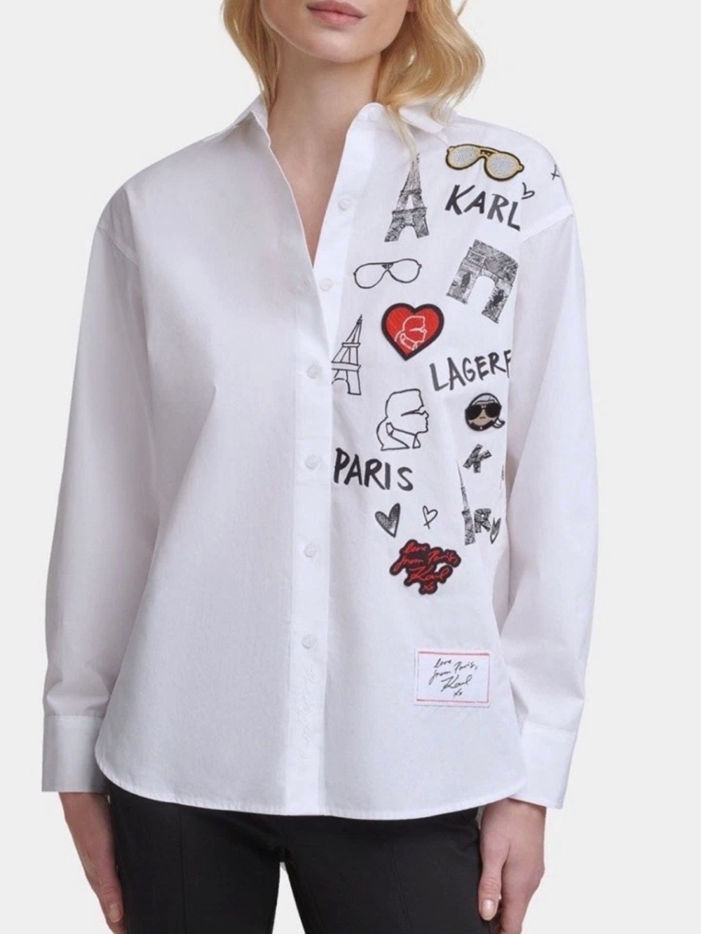 Karl Lagerfeld White Button-Down Shirt with Parisian Embroidered Motifs
